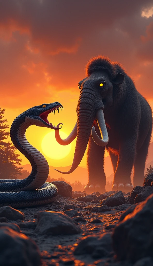 This is a digital image of a white-toothed viper walking on rocky ground. And the mammoth is facing the right side of the picture, with its mouth wide open, emitting sharp teeth and sharp claws. And its eyes are yellow. The background is a dark orange sky from sunset. The land is covered with rocks and boulders and there are some trees and mountains in the distance. The general feeling of the image is fierce and powerful.
