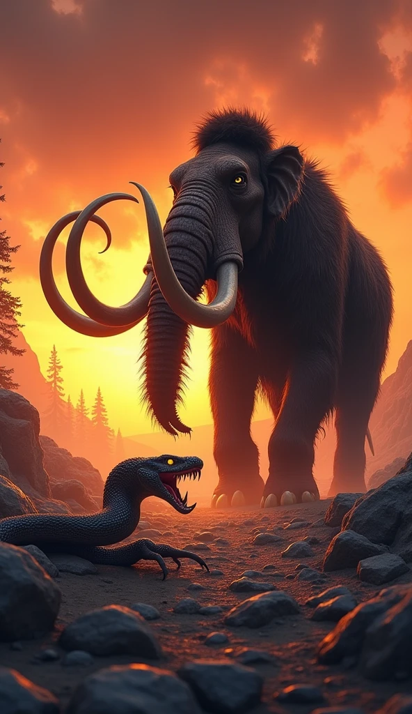 This is a digital image of a white-toothed viper walking on rocky ground. And the mammoth is facing the right side of the picture, with its mouth wide open, emitting sharp teeth and sharp claws. And its eyes are yellow. The background is a dark orange sky from sunset. The land is covered with rocks and boulders and there are some trees and mountains in the distance. The general feeling of the image is fierce and powerful.