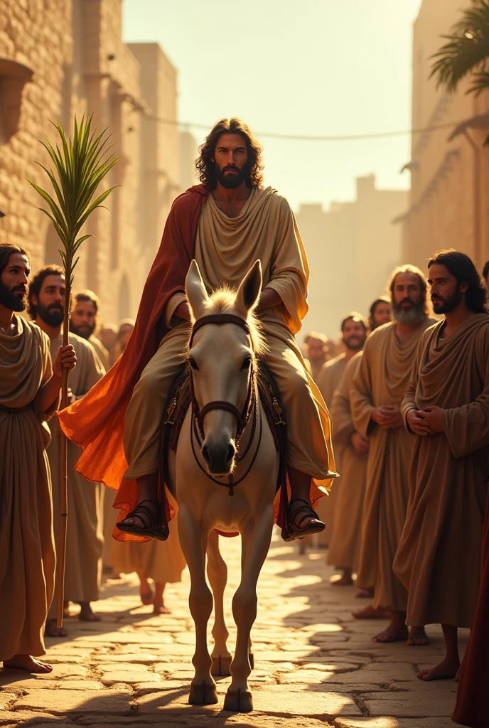 With great reverence and emotion, la escena se abre con Jesus entrando en Jerusalén montado en un humilde burro. The donkey moves forward slowly, and the crowd around him erupts in jubilation. People from all over have gathered to witness this momentous moment.. Palm branches wave in the air, and many spread their cloaks on the ground to receive him with deep respect..
Jesus, with his simple tunic and a cape that flutters gently in the wind, He advances with a calm and determined face. Every step of the donkey is followed by looks full of admiration.. The city of Jerusalem rises in the background with its ancient walls and stone buildings., the sun shines on the scene, warming up the festive atmosphere.
The inhabitants of the city, among them men, women and children of all ages, They show deep respect and devotion. The atmosphere is charged with vivid colors and vibrant warmth., reflecting the spiritual and cultural importance of this event. La entrada de Jesus en Jerusalén se convierte en un momento de celebración y significación, marking the beginning of a new stage in his journey and in the life of the community that welcomes him.