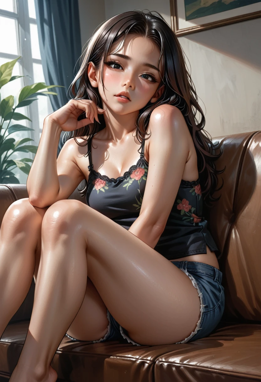 masterpiece, best quality, RAR, 1girl, solo, long hair, breasts, looking at viewer, blush, brown hair, black hair, bare shoulders, sitting, thighs, parted lips, shorts, sleeveless, indoors, blurry, lips, head tilt, short shorts, bare arms, feet out of frame, bare legs, floral print, knees up, couch, camisole, on couch, black camisole
