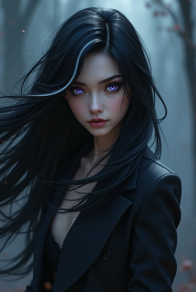 Woman with black hair and white streaks, violet eyes