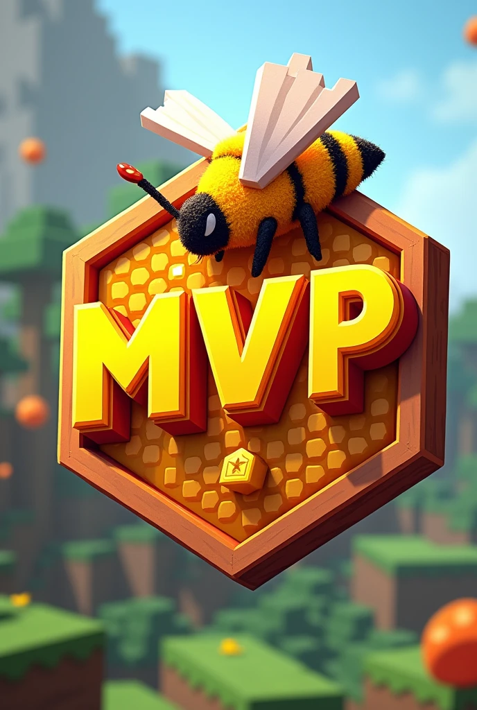 A emblem written "MVP'', with orange-yellow color minecraft theme with a minecraft bee and honey *no background*