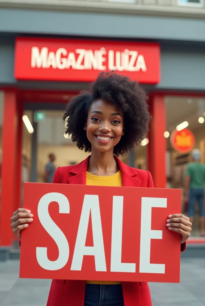 Lu from Magalu holding a sign that says Sale and the Magazine Luiza store in the background, 