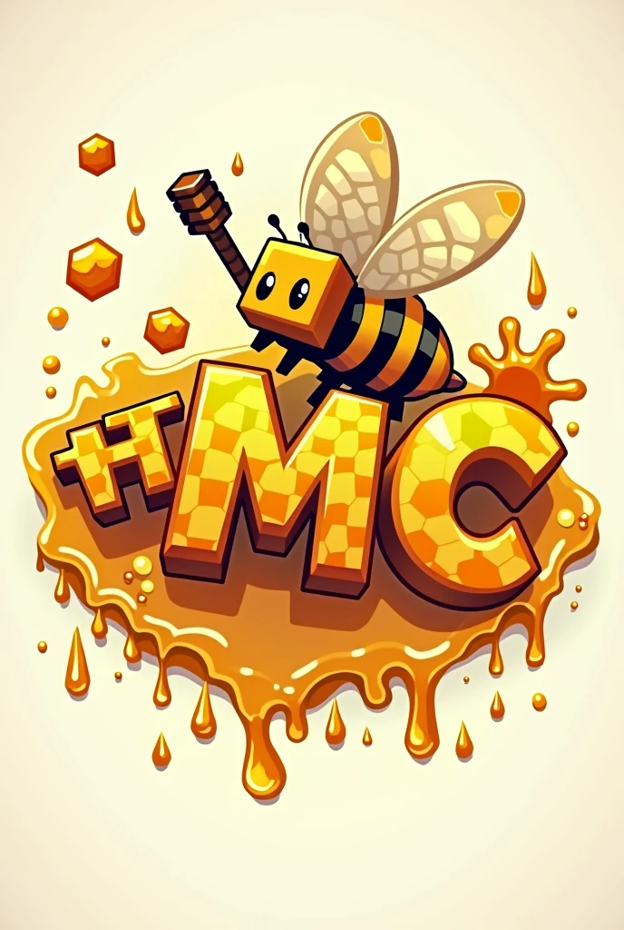 A logo written “HoneyMC” with orage-yellow color and minecraft theme with bee and honey.