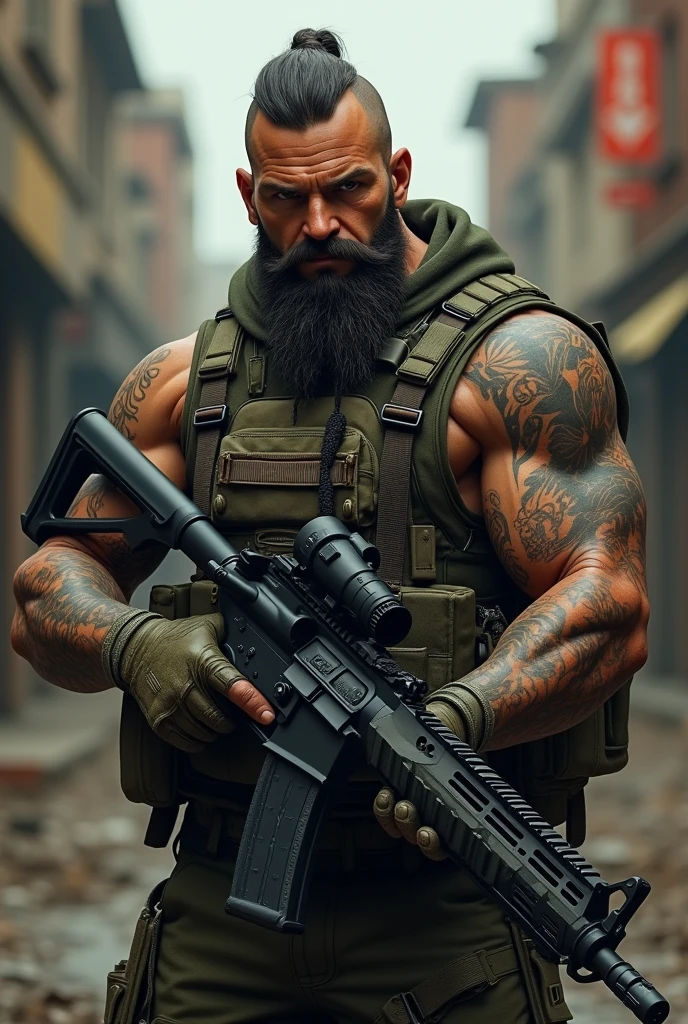 photorealistic、realistic skin texture、automatic rifle、tattoo