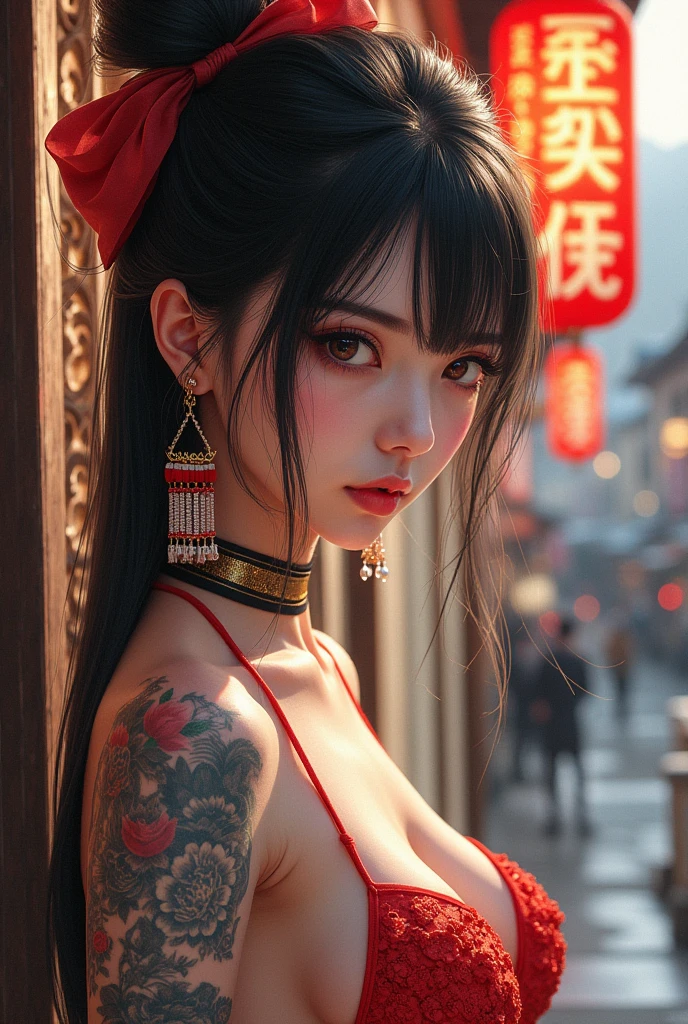 8k,Highest quality、masterpiece、So delicate it seems as if it might crumble at any moment。Yoshiwara、Red light district、Prostitute、Tattoo、Slender、Watercolor、Vivid saturation、Omit contour、Tattoo多数、背中一面のTattoo、太もものTattoo、Sad look、Unlucky、Red eyes、Looking down、Plump Cheeks、innocent、Girl、Japanese、Height: 170 cm、Weight 35 kg、Fair skin。wooden building:Red light districtの建物は木造で、Incorporating traditional Japanese architectural styles。The roof is generally tiled.、It had a traditional Japanese roof shape.。A magnificent entrance:The entrances to these buildings are ornately decorated.、It was lavishly decorated。Lanterns and banners、It was used to attract attention to the store.。Lattice doors and Shoji screens:窓やドアにはLattice doors and Shoji screensが取り付けられており、It was hard to see inside from the outside。This design allows、Privacy and discretion guaranteed。 Interior: The interior of the building was richly decorated。The private rooms for guests are separated by tatami mats and shoji screens.、It was decorated in a Japanese style.。 garden: Red light districtの中には、客とProstituteが一緒に静かなひとときを楽しめる小さなgardenを備えたところもありました。 Signs and curtains: Outside the building、Red light districtの名前と営業情報を記したSigns and curtainsが掛けられていました。This、通行人や客はRed light districtを識別できました。Red light districtを取り巻く歴史的背景や文化的慣習は時とともに変化しており、Please note that the translations provided are based on the information provided。血だまり - ホラー - 血痕に浸った畳 - 夜 - Sad look - 俯いた視線 - 青白い瞳。"血まみれでぞっとする - 浮世絵 - 血 - Tattoo - Tattooの女性 - 全身Tattoo - 妖怪 - ホラー - 怖い - 不気味な - 気味が悪い - 恐怖。"