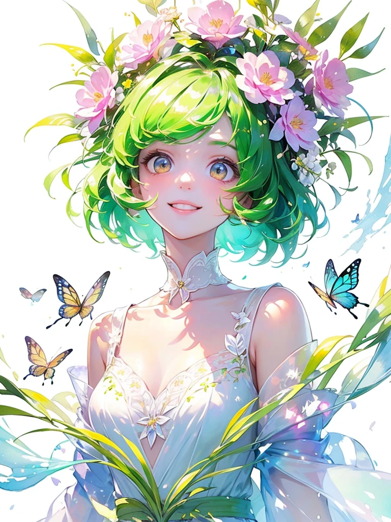 (masterpiece、highest quality、highest quality、Beautiful and beautiful:1.2)、Good anatomy、(Watercolor 1.5)、Composition looking up from a low position、Long Shot、Drawing of a girl with straight short hair、Beautiful smile、Butterfly Fairy Costume、pure white、pure、Charm、looking at the camera、Flowers and leaveint Green Wind、Botanical Art