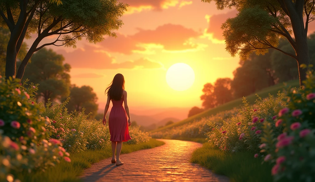 A long path leading toward the sunrise on the horizon. The woman walks with steady steps, moving away from the darkness and toward the light. The surrounding nature is vibrant, with green trees and blooming flowers, symbolizing newfound hope and freedom.style:3d pixar animation