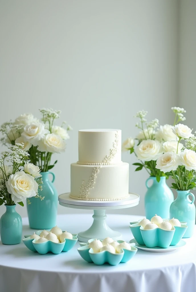 create a christening table with a white 2-tier cake , white and turquoise flowers in vases, white sweets inside flower molds in different shades of turquoise