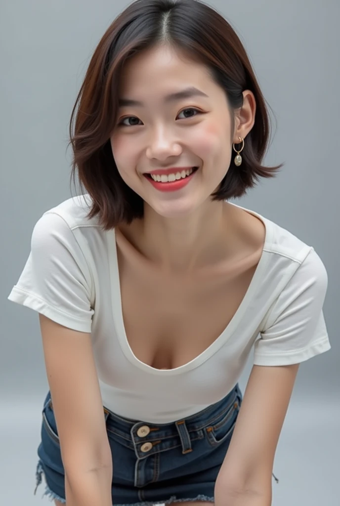 ((Highest quality, 8k, Portraiture: 1.3)), (Viewer Display), Photographic realism, Sharp focus, alone, A very beautiful Japanese office lady、Denim mini skirt、 (White tank top、Deep neckline),(magenta good)、Wicked Smile、Smiling at the audience、(short hair)、Gray background、Leaning forward、(frontライト)、Bend your body,front,View from above、Down blouse, ((Cleavage)), Down blouse,Studio shot,Gray background