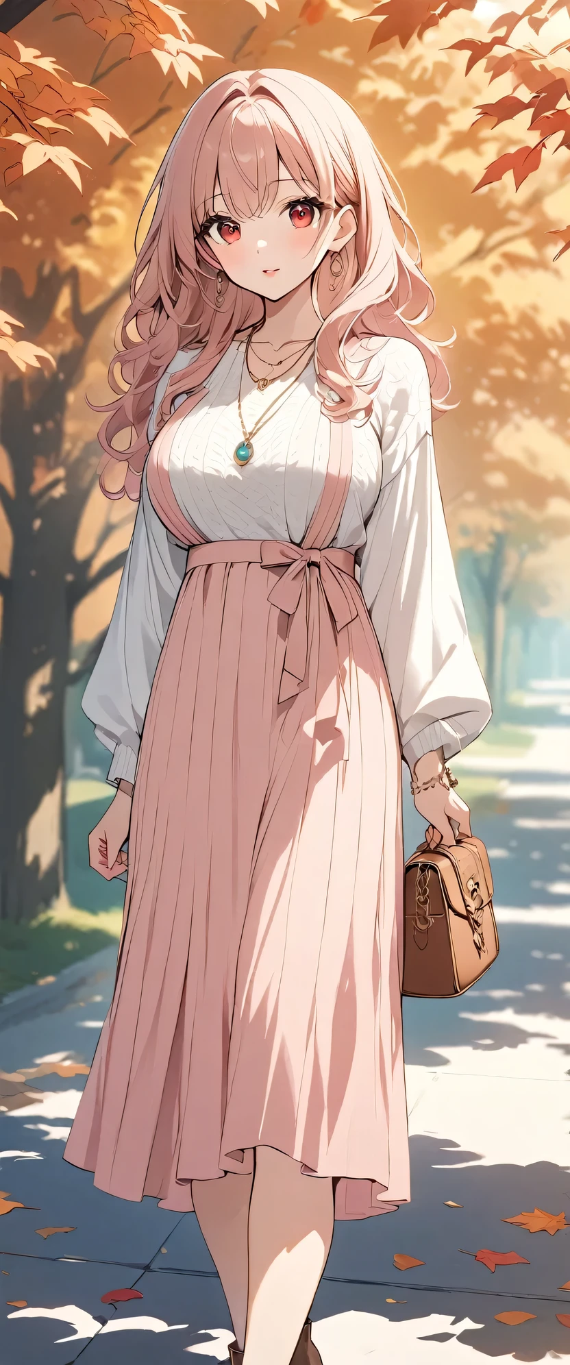 Highest quality、High resolution、Detailed Background、(Beautiful face in every detail:1.4)、Detailed red eyes、Normal number of fingers、Highly detailed face、Detailed eyes、Beautiful women in their 20s、Huge breasts、Light color hair、Long Hair、Wavy Hair、Cute hairstyle、Perfect body line、Cute Eye Makeup、Cute Lip Makeup、Calm atmosphere、Knitted dress、Show the whole body、
(As the cool autumn breeze blows、Autumnal leaves々A beautiful woman posing as a model against the background:1.5)、
We recommend a midi length A-line silhouette.、The loose silhouette creates a feminine look.、The knit material is a soft cashmere blend that gives a stylish and elegant impression.、The colors are deep autumnal browns and greens.、Beige is recommended、The calm colors bring out the mature look.、For accessories, simple gold or silver necklaces and earrings are good choices.、Pair it with a knitted dress for an elegant look.、We recommend suede short boots for your feet.、very beautiful