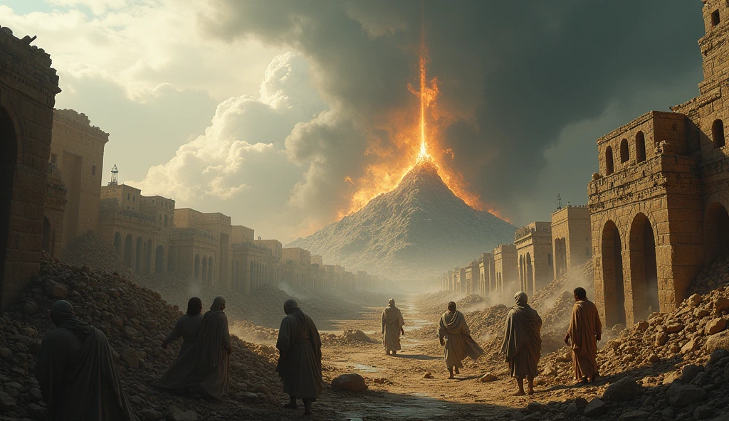 A panoramic view of the city of Sodom collapsing, with buildings collapsing and people in despair. The sky is stormy, reflecting the calamity.