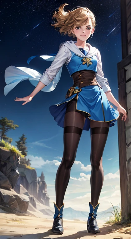 1girl,, Emma Watson, smiling, beautiful, masterpiece, best quality, sky blue pantyhose, black boots , standing