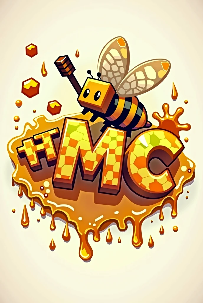 A logo written “HoneyMC” with orage-yellow color and minecraft theme with bee and honey.