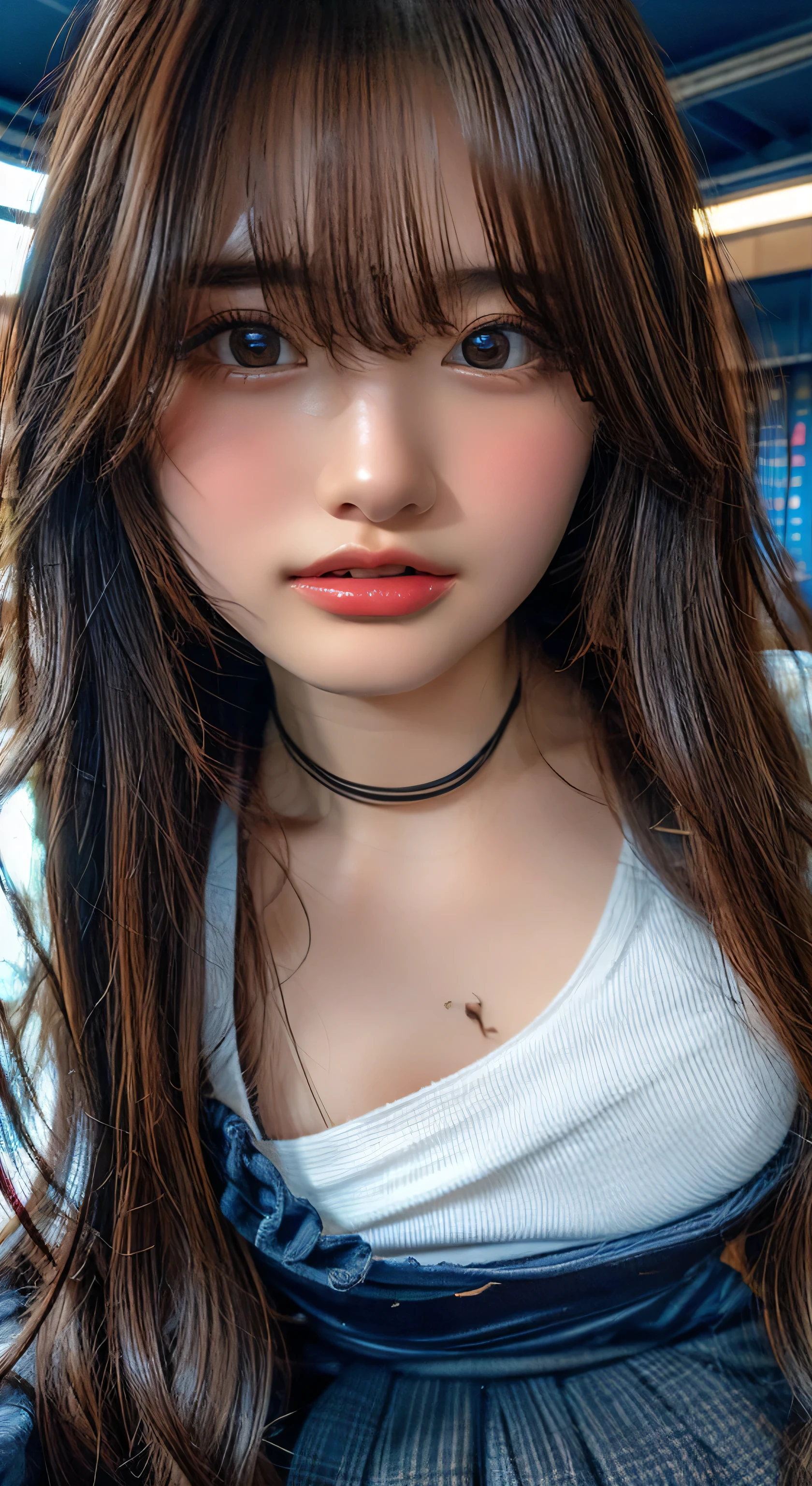 (Highest quality、Tabletop、、Best image quality、Award-winning works)、Extremely cute and lewd high school girl、White polyester collared shirt ripped because her breasts were too big、Short sleeve:1.4)、(Navy Pleated Skirt:1.1)、Girl portrait photography、Glowing Skin、Brown Hair、Are standing、Look at the audience with a big smile on your face、Sculpture Pose、(Classroom Background:1.45)、(Large Breasts:1.8)、Accentuate your body lines:1.1)、Very large red ribbon tie、Very long hair:1.75、((A face that pampers men:1.95))