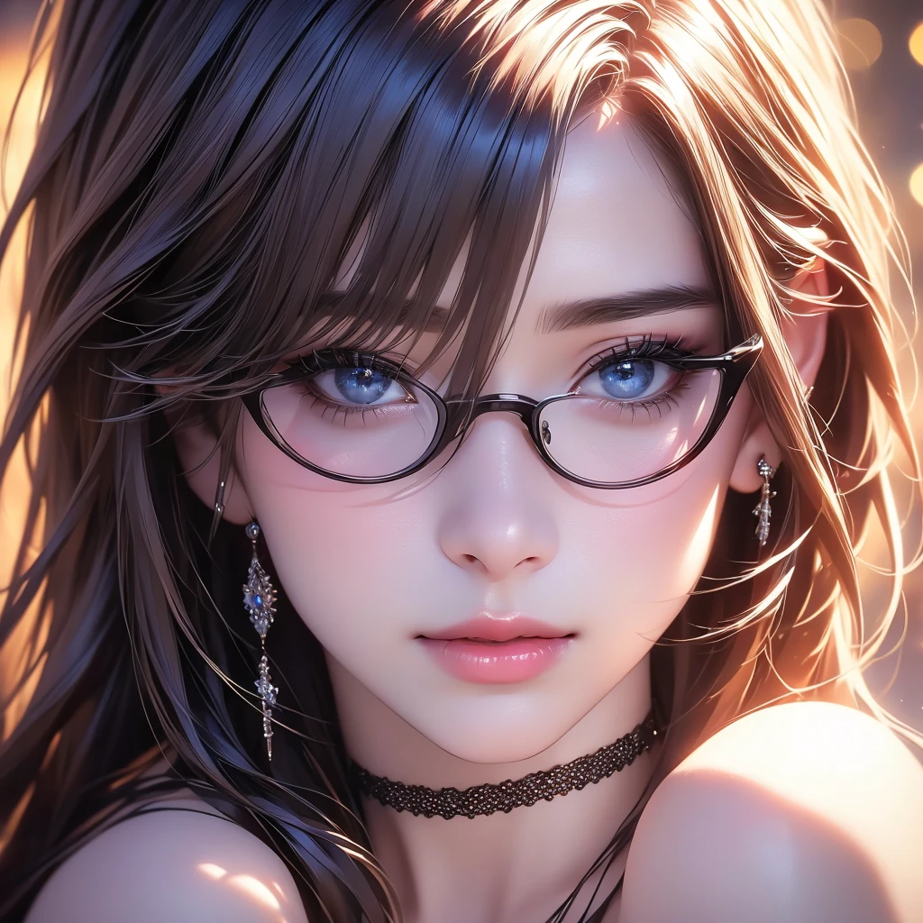 1girl, detailed realistic portrait, beautiful detailed eyes, beautiful detailed lips, extremely detailed face, longeyelashes, jewelry, glasses, choker, necklace, earrings, black choker, black-framed eyewear, breasts, cleavage, looking at viewer, bangs, long hair, solo, (best quality,4k,8k,highres,masterpiece:1.2),ultra-detailed,(realistic,photorealistic,photo-realistic:1.37),HDR,UHD,studio lighting,ultra-fine painting,sharp focus,professionally shot,vivid colors,bokeh