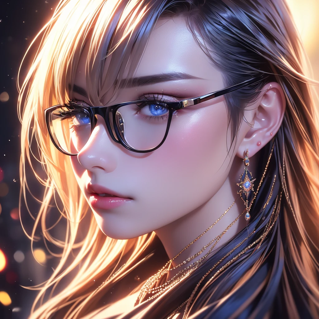 1girl, detailed realistic portrait, beautiful detailed eyes, beautiful detailed lips, extremely detailed face, longeyelashes, jewelry, glasses, choker, necklace, earrings, black choker, black-framed eyewear, breasts, cleavage, looking at viewer, bangs, long hair, solo, (best quality,4k,8k,highres,masterpiece:1.2),ultra-detailed,(realistic,photorealistic,photo-realistic:1.37),HDR,UHD,studio lighting,ultra-fine painting,sharp focus,professionally shot,vivid colors,bokeh