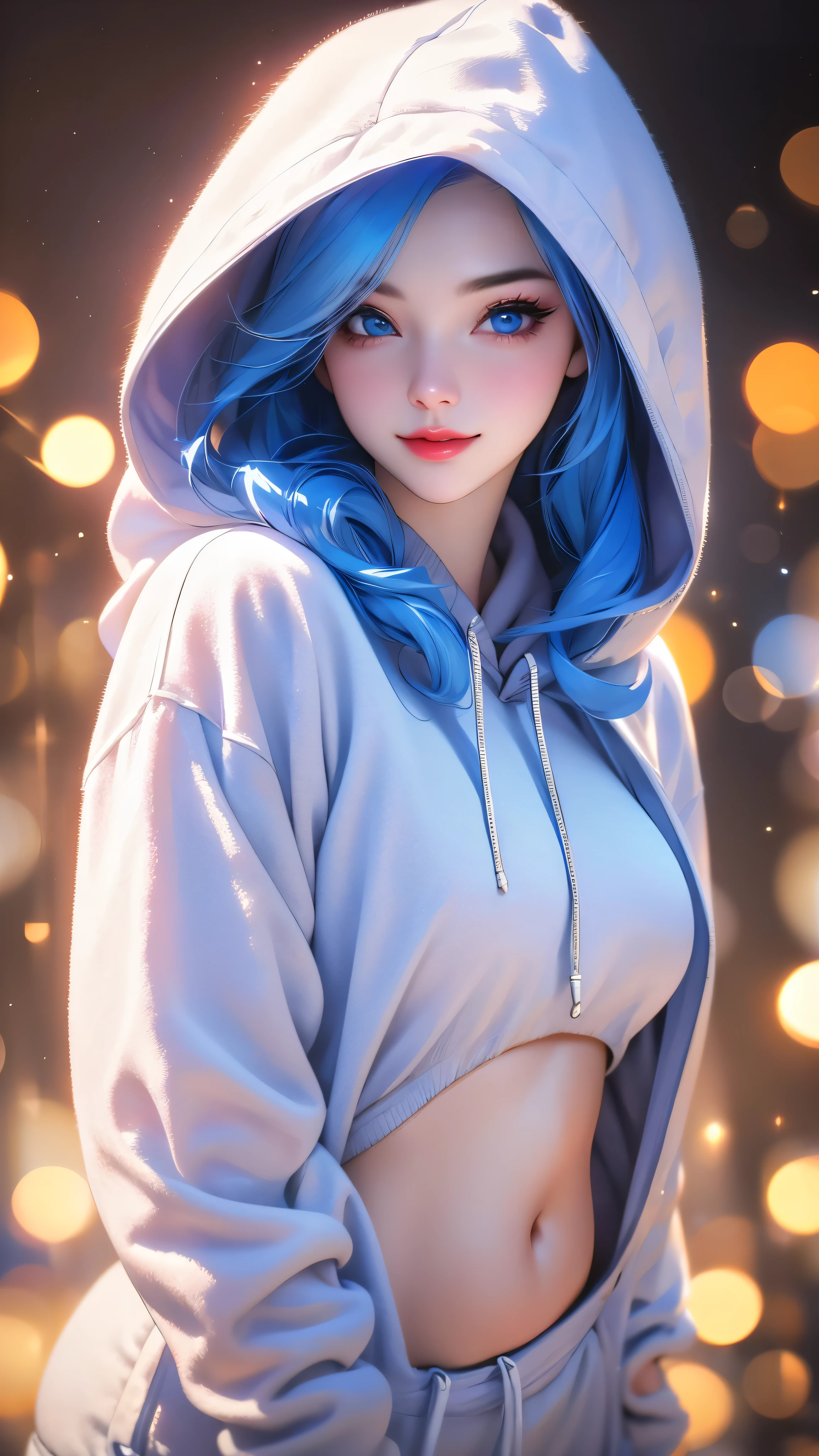 a girl with beautiful detailed eyes, beautiful detailed lips, extremely detailed face, long eyelashes, white hoodie, white sweatpants, red top, belly, makeup, loving look, flirty smile, long silky blue hair, best quality, 4k, 8k, highres, masterpiece:1.2, ultra-detailed, realistic, photorealistic:1.37, HDR, UHD, studio lighting, ultra-fine painting, sharp focus, physically-based rendering, extreme detail description, professional, vivid colors, bokeh, portraits