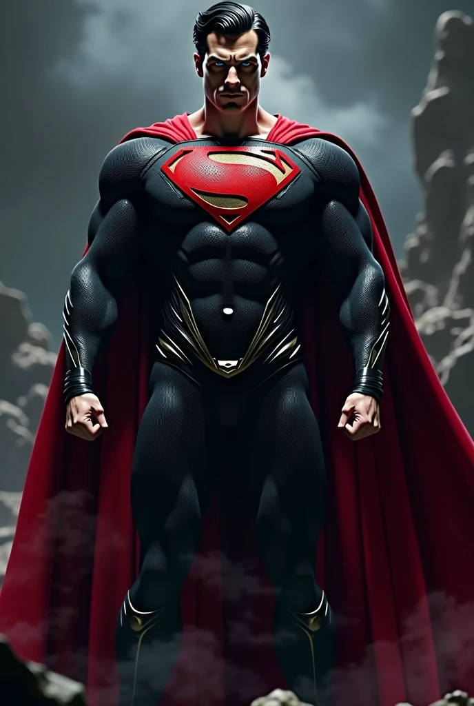 Superman with his black outfit and red shields.