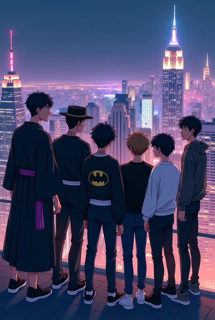 Create an image of 7 anime style friends, in the background there is a city and it is night in the city, New York style, and they are side by side on top of a building looking at the view.

The first, he is wearing a black kimono and his arms have veins, it is white in tone.
he has black hair and he has a purple belt tied around his waist, he has a confident face, but without smiling. He&#39;s wearing all-black sneakers..

the second, wears black clothes, is wearing a sweatshirt and black pants, and shoes too. is wearing a black hat. and his mouth has a slight smile. and his eyes shine white. your hair is black. He has a white belt around his waist.

The third, is wearing jeans and a Batman symbol sweatshirt. and a black sneaker too. your hair is black, and your skin tone is black.

The fourth, he is wearing white sneakers, he is wearing black jeans, and a turtleneck shirt, He has brown hair and is smiling and his skin tone is light.



