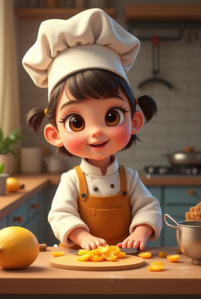 Baby girl dressed as a chef making chips
