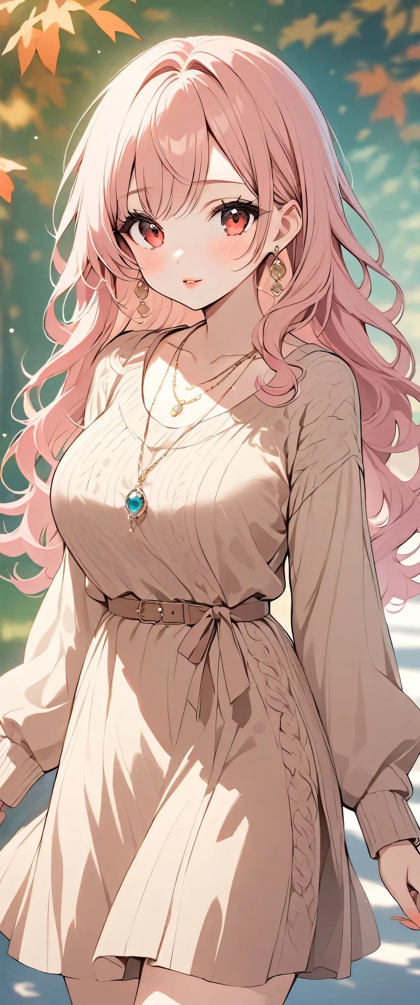Highest quality、High resolution、Detailed Background、(Beautiful face in every detail:1.4)、Detailed red eyes、Normal number of fingers、Highly detailed face、Detailed eyes、Beautiful women in their 20s、Huge breasts、Light color hair、Long Hair、Wavy Hair、Cute hairstyle、Perfect body line、Cute Eye Makeup、Cute Lip Makeup、Calm atmosphere、Knitted dress、Show the whole body、
(As the cool autumn breeze blows、Autumnal leaves々A beautiful woman posing as a model against the background:1.5)、
We recommend a midi length A-line silhouette.、The loose silhouette creates a feminine look.、The knit material is a soft cashmere blend that gives a stylish and elegant impression.、The colors are deep autumnal browns and greens.、Beige is recommended、The calm colors bring out the mature look.、For accessories, simple gold or silver necklaces and earrings are good choices.、Pair it with a knitted dress for an elegant look.、We recommend suede short boots for your feet.、very beautiful