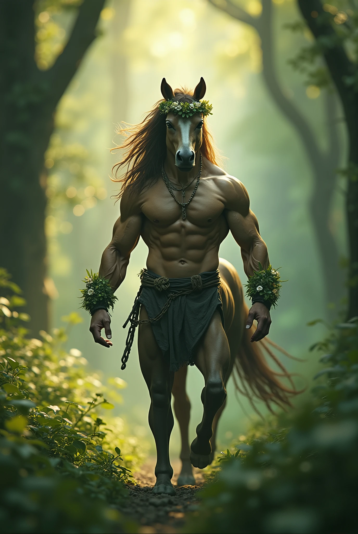 a centaur in a magical forest, detailed muscular male upper body, horse lower body, mythical creature, walking through lush greenery, sunlight filtering through trees, beautiful detailed eyes, beautiful detailed lips, extremely detailed face and body, ornate floral crown, flowing hair, powerful physique, epic fantasy atmosphere, cinematic lighting, dramatic colors, mystical and ethereal