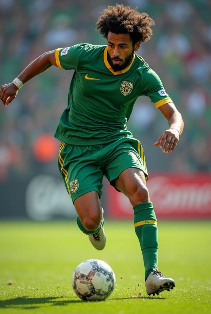 un joueur de foot en vert, cheveux bouclées, courte barbe qui fait une retournée