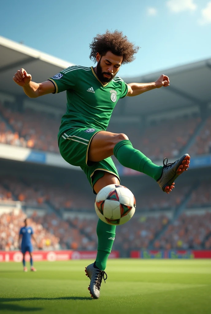 un joueur de foot en vert, cheveux bouclées, courte barbe qui fait une retournée