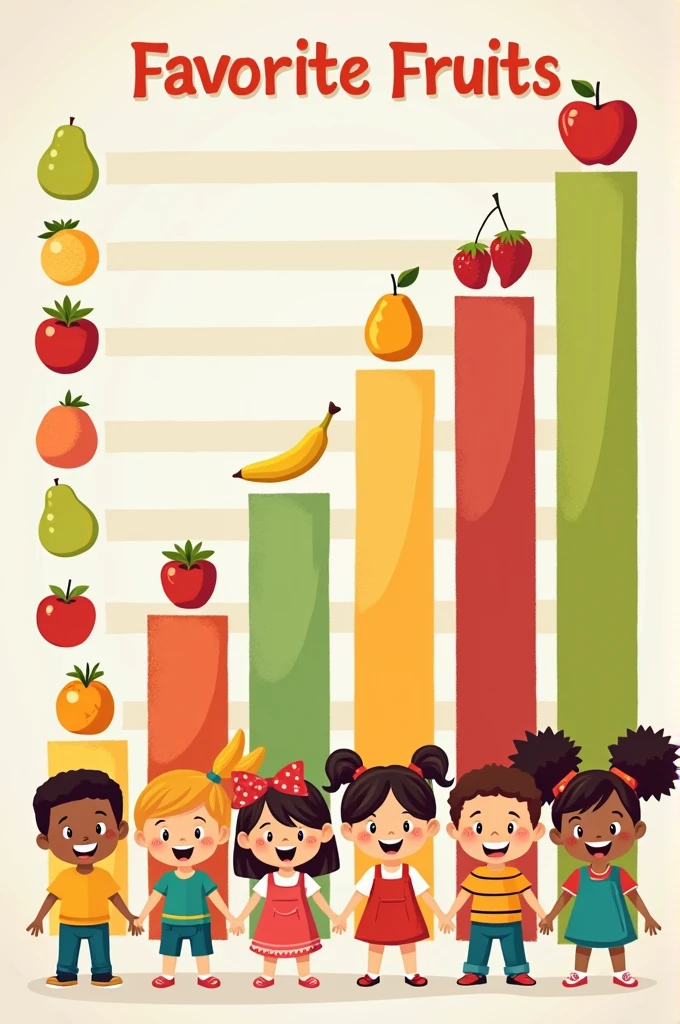 A bar graph shows the favorite fruits of a group of children.:

apples: 8 children Bananas: 5 Orange Children: 6 children Grapes: 7 children