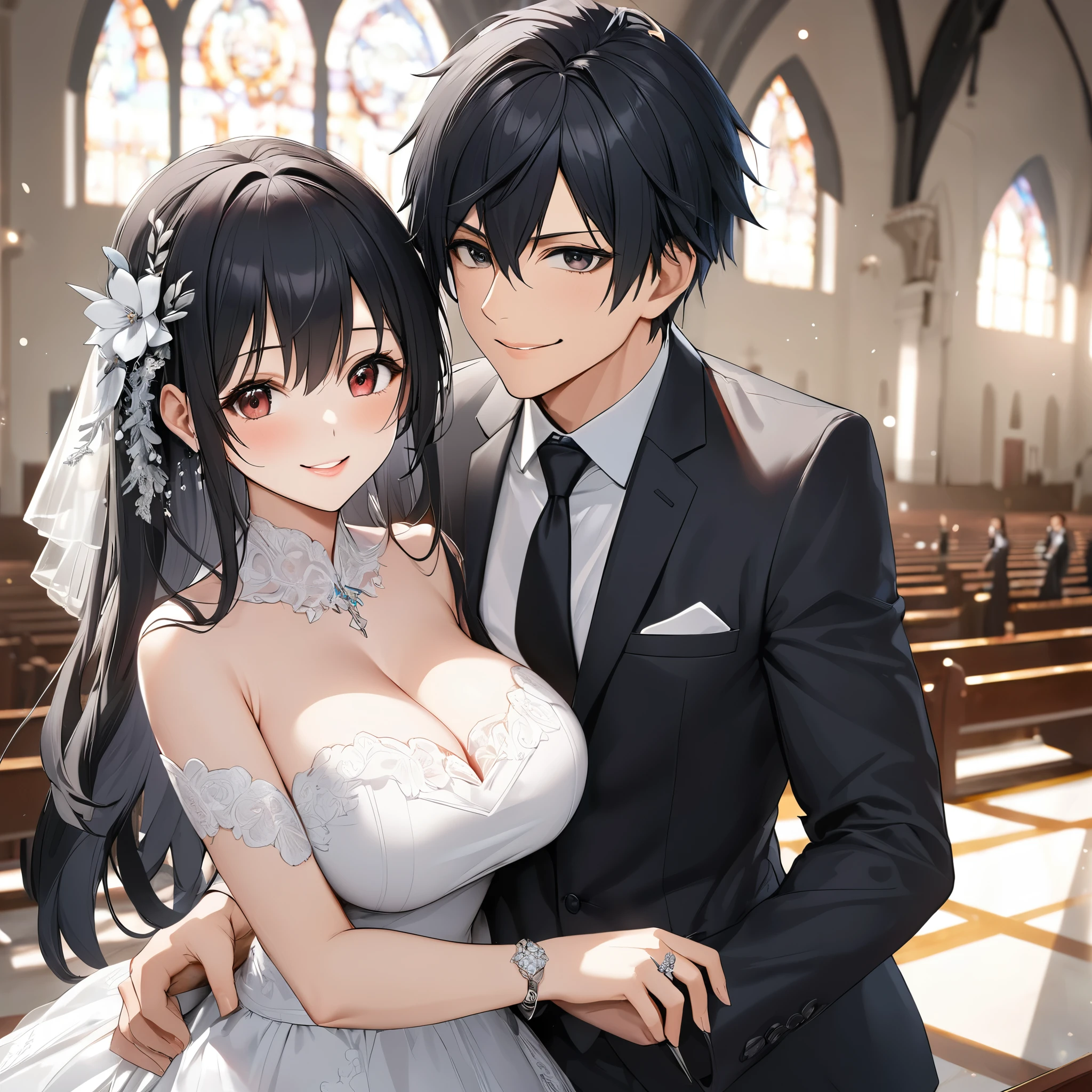 A man together with his wife inside a church, a wedding ceremony, church with white marble floor, white wall, a large glass window in the background with a view of the sea, daytime location, (Man wearing a black suit and black tie, white shirt, black pants, black shoes, black hair, black eyes, smiling, perfect eyes, perfect face, silver ring on her finger, Fairy_Tail, Gray_Fullbuster), (Wife wearing white wedding dress, exposed shoulder, big breasts, red eyes, black hair, long hair, ahoge, silver flower clip in her hair, smiling, perfect lips, perfect eyes, kawaii face, silver ring on her finger, white heels, Azur_lane, IJN_Taihou)UHD , prime work , accurate , anatomically correct , textured skin , super details , high quality , best quality, 8k, high resolution, bokeh effect. (just a man and his wife)
