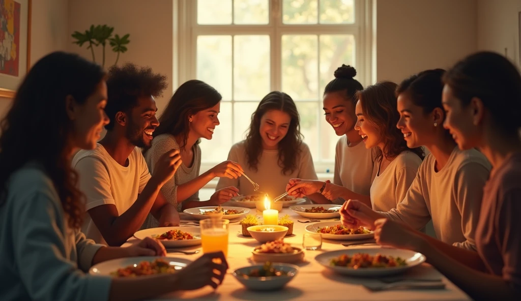 A table with people from different backgrounds sharing a meal, symbolizing love for others. The scene is illuminated by a soft light, providing a sense of togetherness.