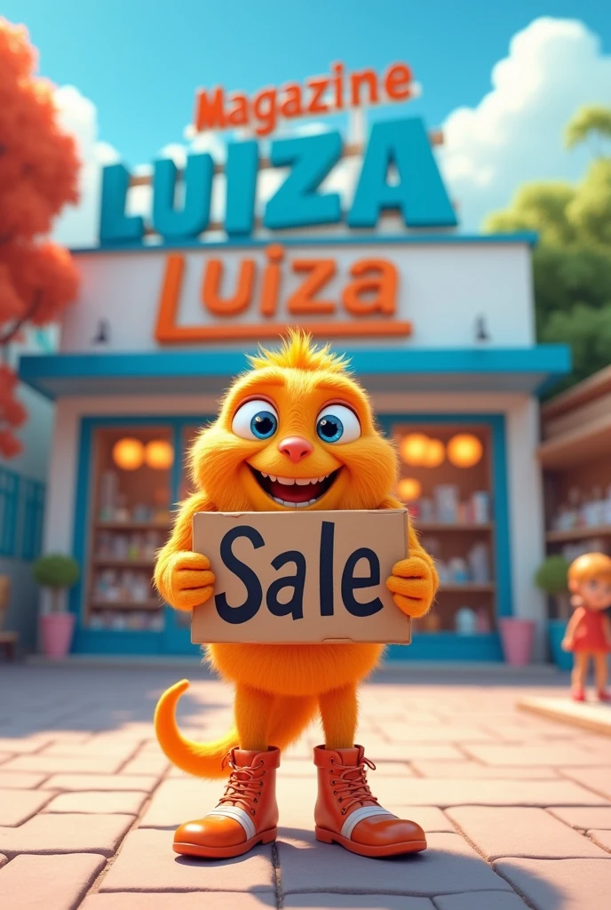 charachter "Lu do magalu" holding a written sign "Sale" and the Magazine Luiza store behind the background written in white and blue