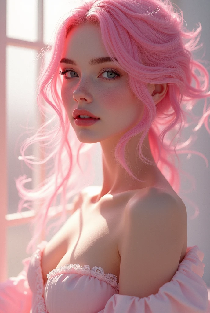 Woman with angelic face, defined body and pink Chanel hair.