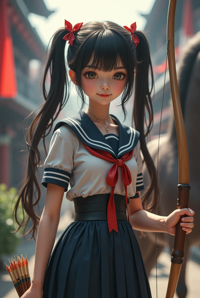 Beautiful Japanese girl disguises herself as a centaur。She has black hair in twin tails and a ribbon, which is very cute.。The upper body is wearing a school uniform。An elaborately crafted fake centaur lower body is attached to the waist.、Holding a bow with arrows。She has super big boobs and is posing sensual。Her own lower body is disguised as a centaur's front legs, but the shape remains human.。Behind her body、Incredibly realistic and cinematically detailed centaur torso、Hind legs、The tails are connected。
(Perfect Anatomy:1.3)、Beautiful Eyes、Beautiful and well-proportioned face、View your viewers、A confident smile、Ears are the same as humans、Full body photo、(RAW Photos)、(Realistic、photoRealistic、photo-Realistic:1.37)、(ultra-detailed:1.2)、(High resolution:1.3)、(masterpiece)、(Highest quality)、(8k)、ether、Fantasy、magical realism、Dramatic lighting、Vivid colors、Exquisite detail、Movie Scenes