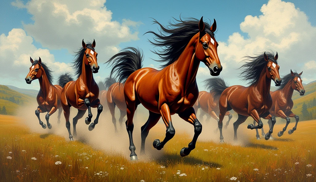 Create random classic masterpieces of Picasso in Ultra-High Definition, 64k resolution oil painting without a frame, using full dimensions of the selected resolution to fit the artwork image, finely detailed to perfection, art-punk, French style, countryside background, art germ, high-octane. A portrait of young untamed beautiful aggressive thoroughbred Wild Stallions running in wild field, an unreal engine, a master stroke of a legendary brush, a tribute to a legendary artist, super realistic, superhit,