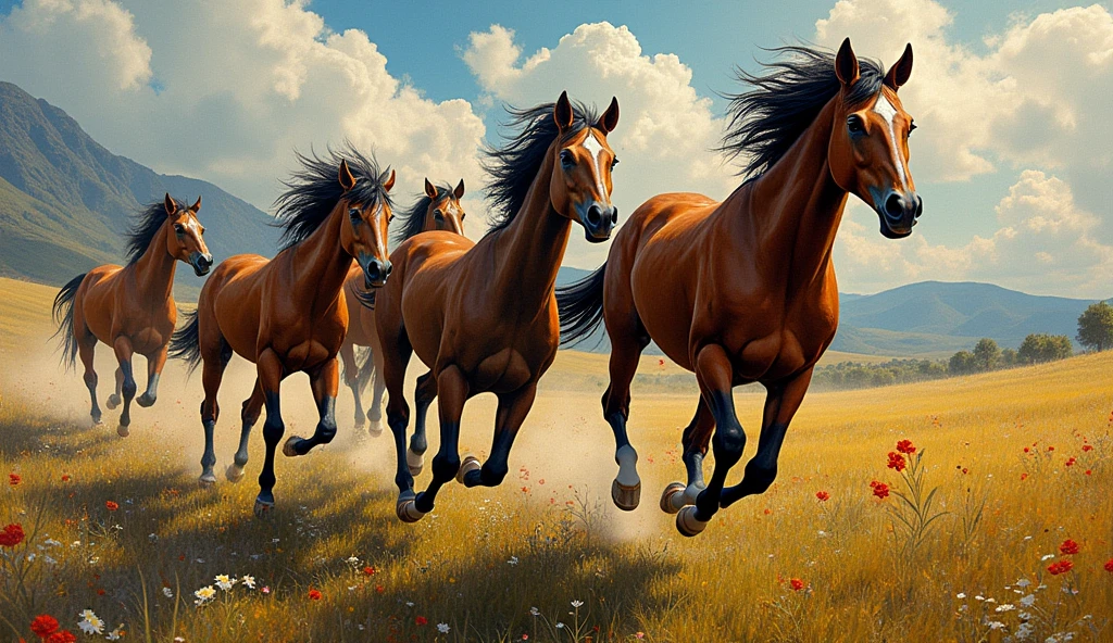 Create random classic masterpieces of Picasso in Ultra-High Definition, 64k resolution oil painting without a frame, using full dimensions of the selected resolution to fit the artwork image, finely detailed to perfection, art-punk, French style, countryside background, art germ, high-octane. A portrait of young untamed beautiful aggressive thoroughbred Wild Stallions running in wild field, an unreal engine, a master stroke of a legendary brush, a tribute to a legendary artist, super realistic, superhit,