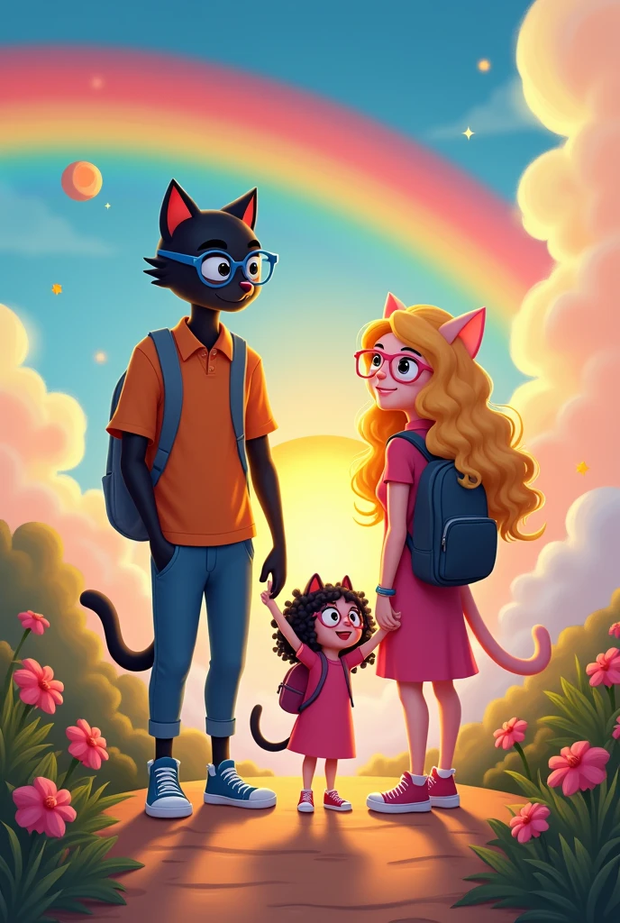 tall cat dad, Bblack hair, Wearing blue glasses, wearing sneakers, gray backpack. Beautiful tall pink cat mom, long curly blonde hair, Wearing Pink Glasses, turned legs, wearing sneakers, black backpack. Pink cat daughter, Wearing Pink Glasses, long black curly hair, wearing sneakers, pink backpack. Bright orange sun in the sky, very beautiful rainbow, big bright moon and bright Jupiter. trail landscape. Disney style. 4K, High definition. Everything is very beautiful.