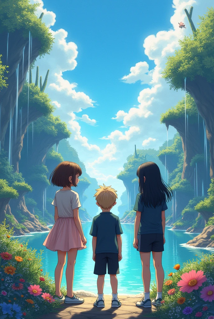 Two girls and a boy from behind, the first girl has short, straight, shoulder-length brown hair and is wearing a pale pink dress. The second girl has long, wavy, black hair and black sportswear. The boy has blond hair and any clothes, looking at a landscape of a magical world. They are teenagers.