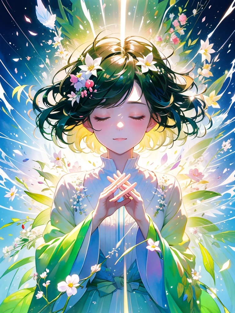 (masterpiece、Highest quality、Highest quality、Beautiful and beautiful:1.2)、Excellent anatomy、（Watercolor painting 1.5）、Long Shot、Straight short hair picture、Trendy Hair Color, Beautiful Face、I close my eyes and pray, Fairy, 蝶のFairyのコスチューム、Pure white、Pure、charm, Colorful flowers of various colors, Flowers and leaves green wind、Botanical Art, Mr.々A pose