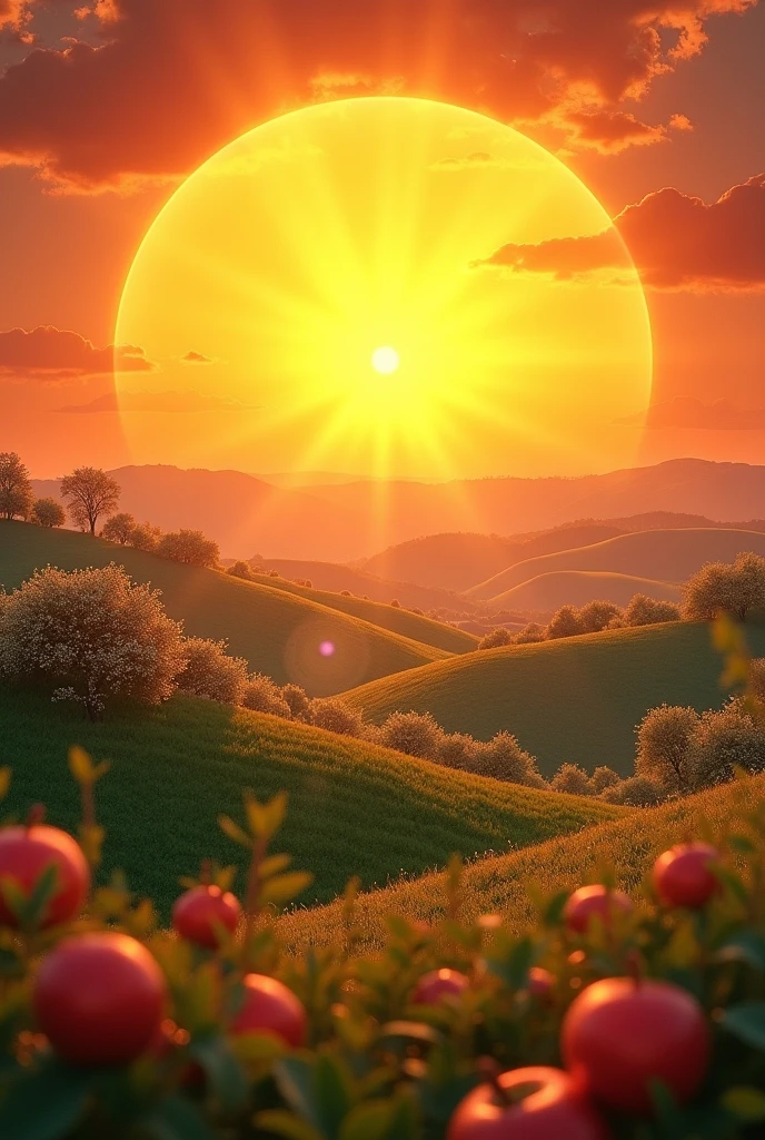 close up of a hot sun over a country field of apple trees on hills