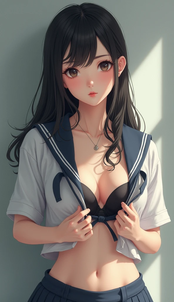 Nsfw, top quality, Photos in RAW format, realistic face, incredibly beautiful girl, Cute, silky, Smooth and shiny hair, Depth of written border, a high resolution, super detailed, full waist up pose , upper knees pose ,Sharp students, Realistic students, Sharp Focus, bright Cinema Lighting, small, (small breasts:1.2), (slim, , Gentle), thin hips, (slim waist:1.2), Delicate and sexy collarbone, (sailor suit:1.2), (Lifting sailor suit to show off a small Cute bra:1.5)))、