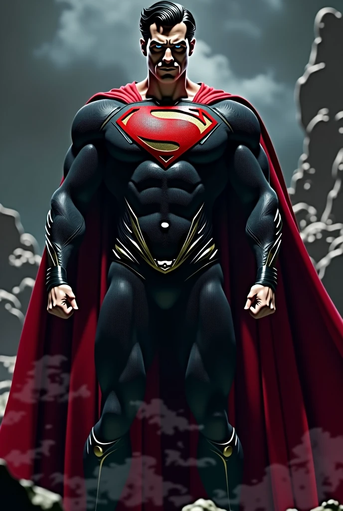 Superman with his black outfit and red shields.