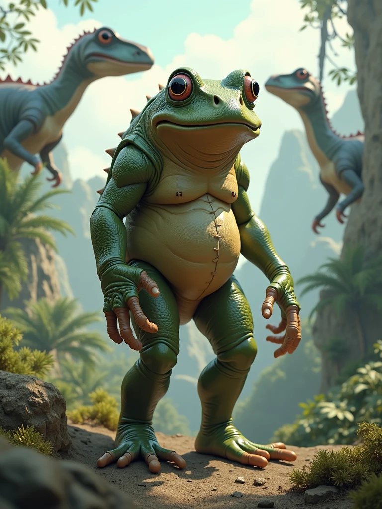 human frog, dinosaurs in background,