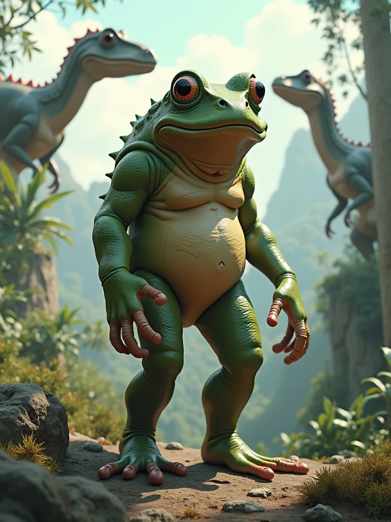 human frog, dinosaurs in background,