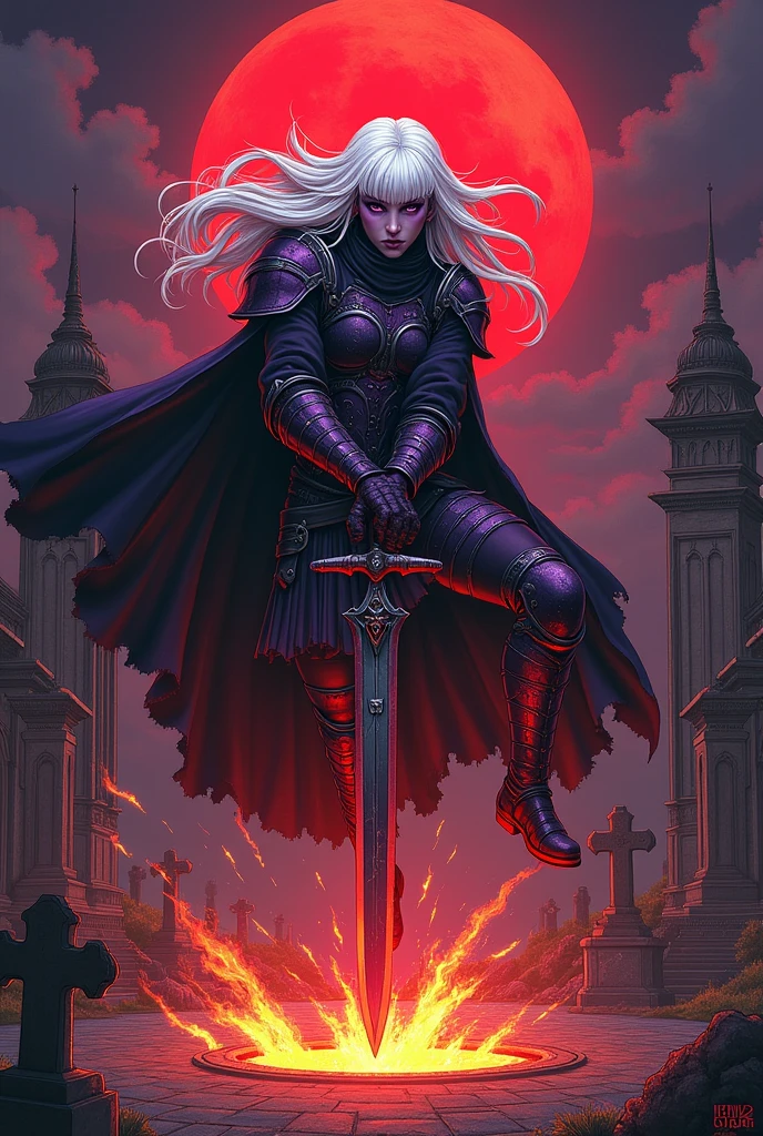 (Ultra-detailed face, Roar, shout:1.3), (Fantasy Illustration with Gothic & Ukiyo-e & Comic Art), (Full Body, A middle-aged dark elf woman with white hair, blunt bangs, Very long disheveled hair, and dark purple skin, lavender eyes), (She is dressed in dusky, bloodstained, heavily armored armor and a velour cloak), (With a yell, she leaps up and strikes a daring pose, thrusting her two-handed greatsword into the center of the magic circle. Flames explode in the center of the magic circle), BREAK (In the background, an old temple and a cemetery can be seen, and the red moon tints the area red)