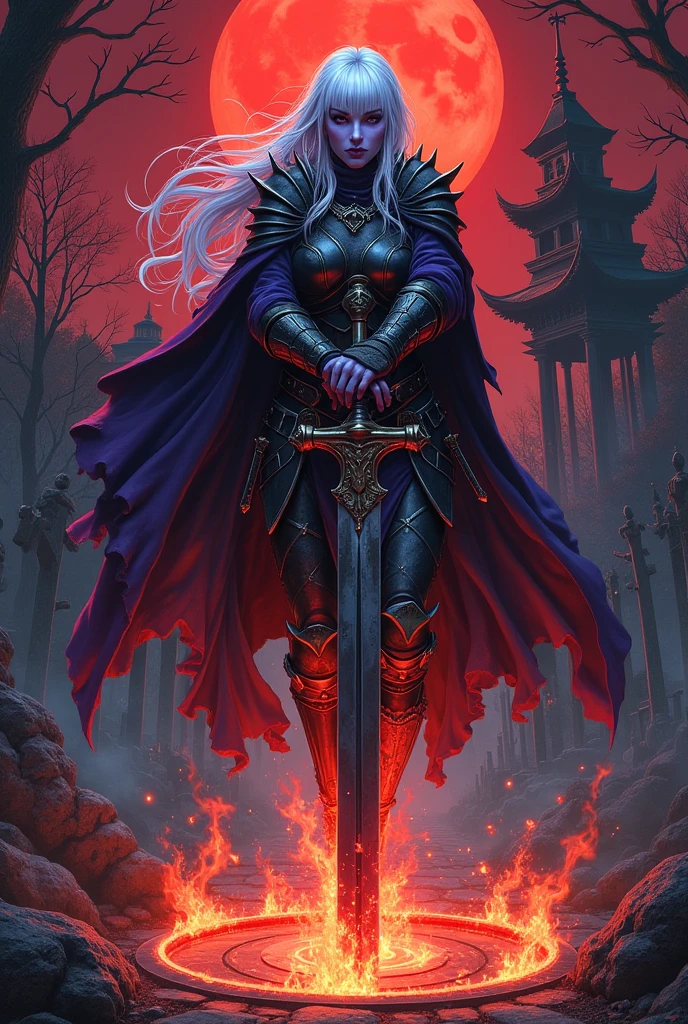 (Ultra-detailed face, Roar, shout:1.3), (Fantasy Illustration with Gothic & Ukiyo-e & Comic Art), (Full Body, A middle-aged dark elf woman with white hair, blunt bangs, Very long disheveled hair, and dark purple skin, lavender eyes), (She is dressed in dusky, bloodstained, heavily armored armor and a velour cloak), (With a yell, she leaps up and strikes a daring pose, thrusting her two-handed greatsword into the center of the magic circle. Flames explode in the center of the magic circle), BREAK (In the background, an old temple and a cemetery can be seen, and the red moon tints the area red)