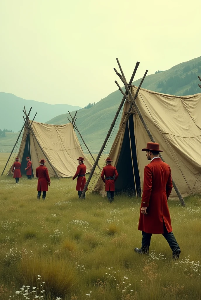 Make a picture of a field and there are some tents but they are not modern at all, they are very old and there are men dressed in formal red investigating them.