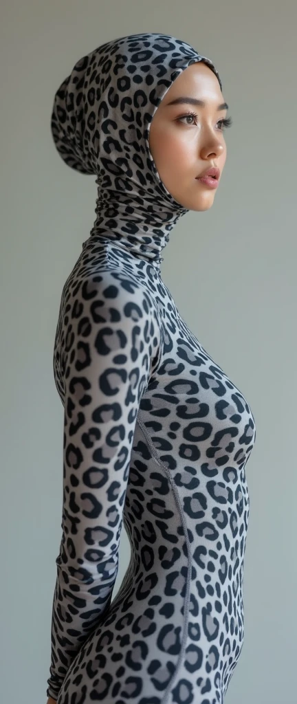 the twenty nine years old asian chinese contortion muslimah wears grey leopard print lycra and spandex turtleneck unitard catsuit and grey leopard print lycra dancewear hijab.She has beautiful cheeks.