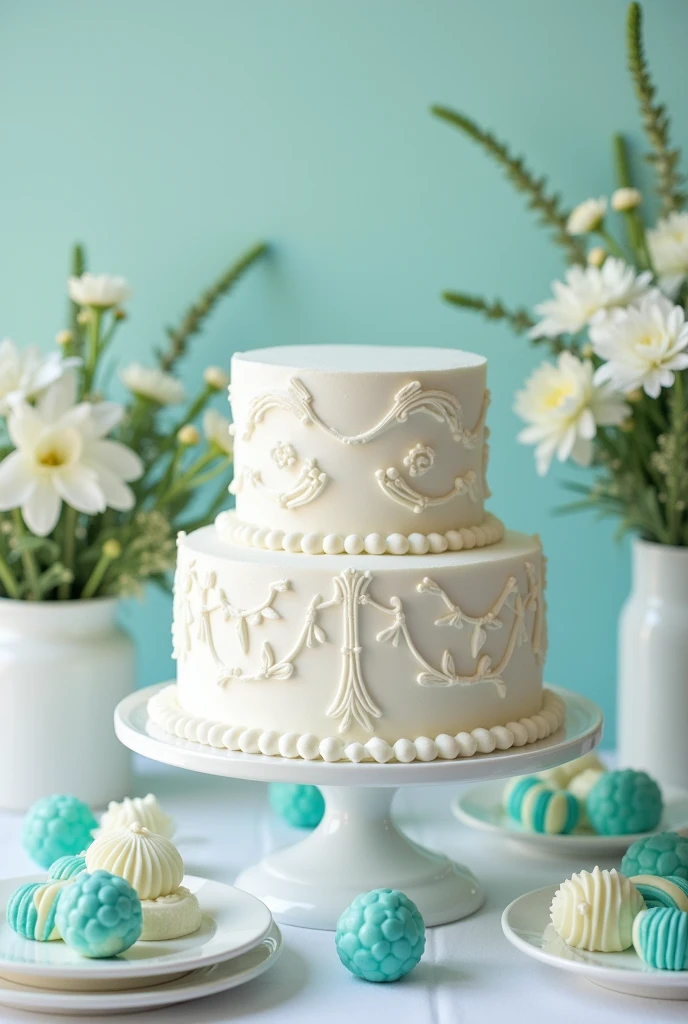 create a christening table with a white 2-tier cake , white flowers and turquoise flowers inside white vases , white chocolates inside flower molds in different shades of turquoise